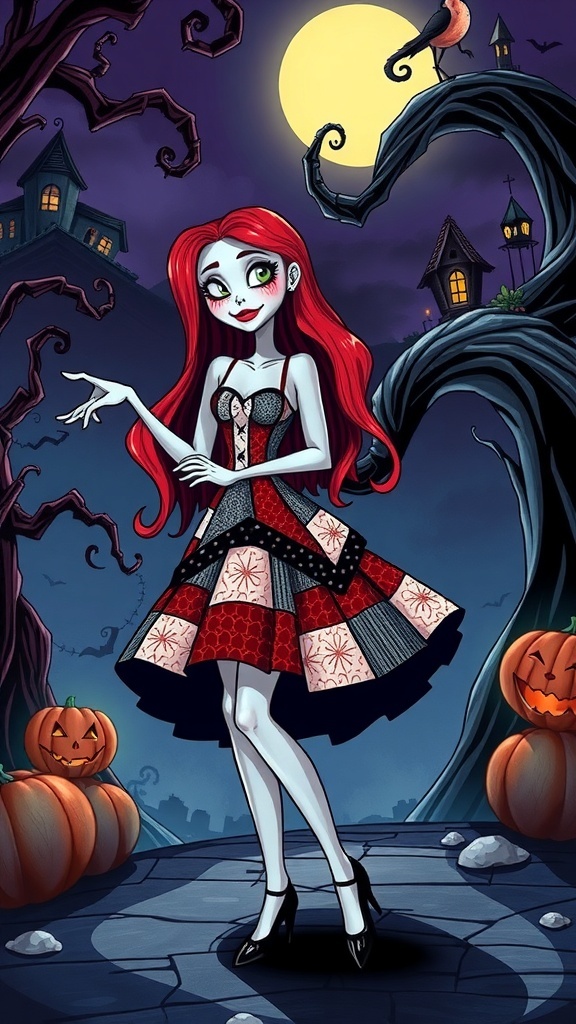 A playful pinup illustration of Sally from The Nightmare Before Christmas, surrounded by Halloween Town elements.